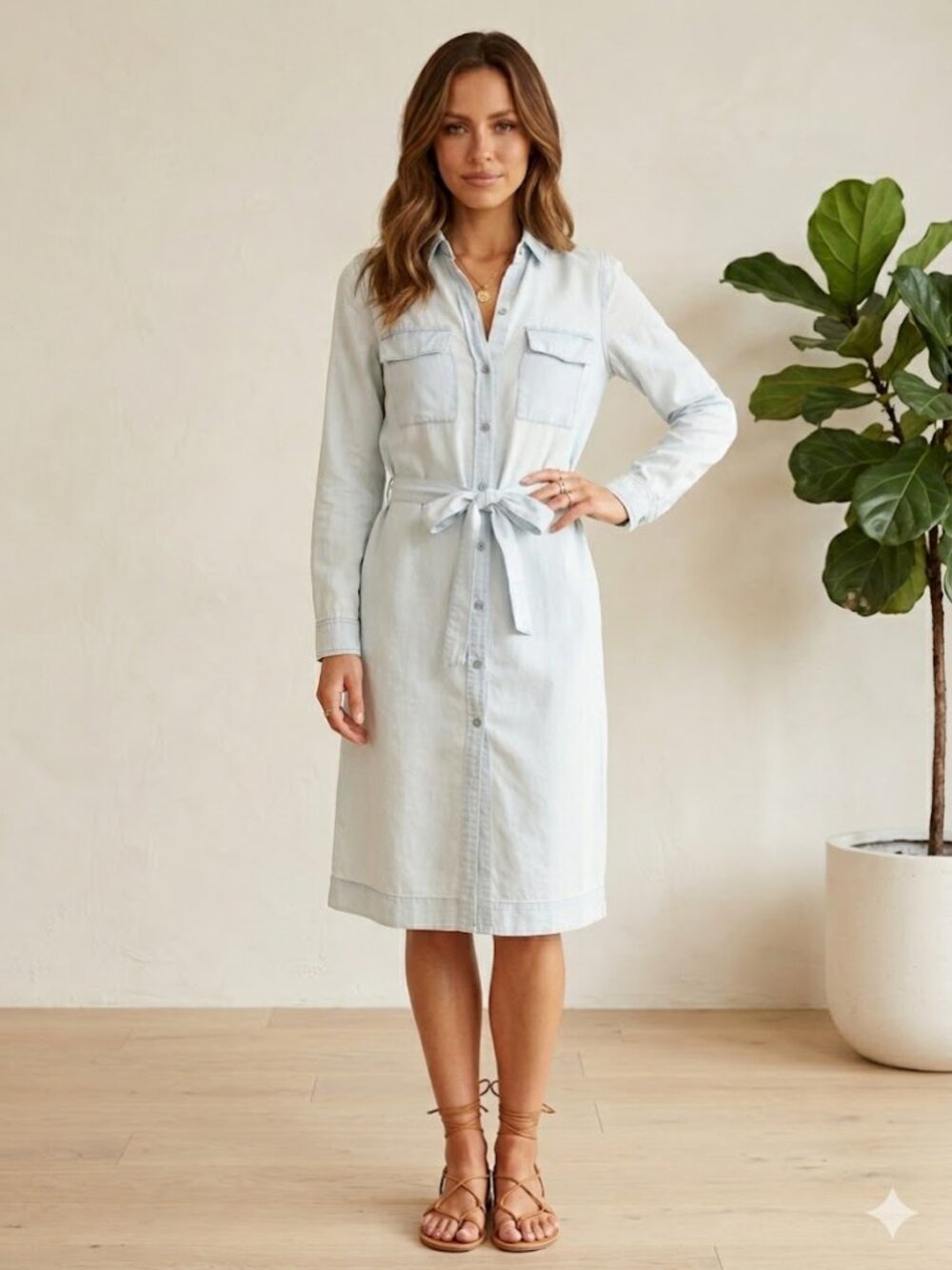 ZARA - Blue Denim Tencel Chambray Sunwashed Button Down Shirt Dress with Belt L